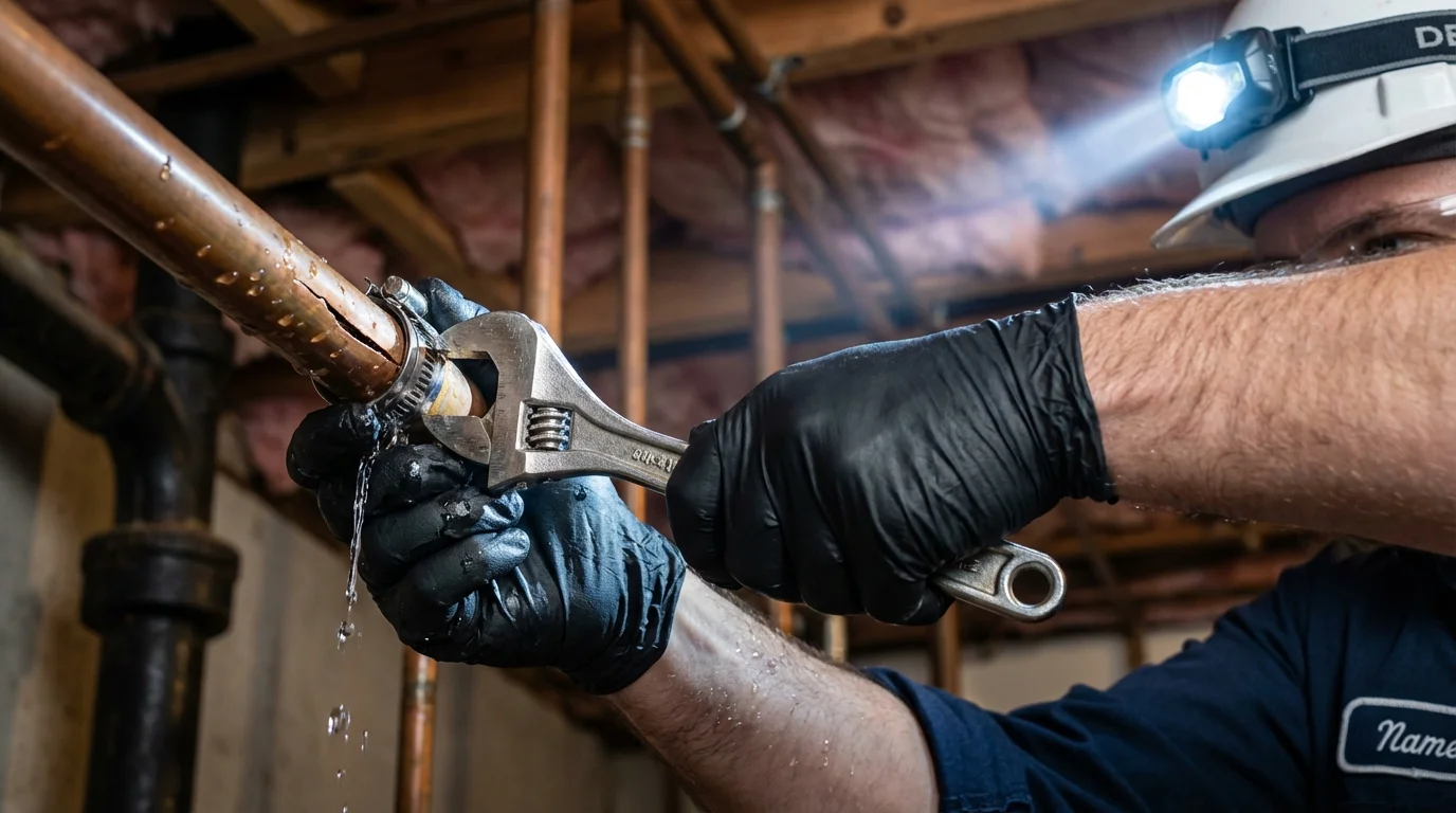 Emergency pipe clamp repair being performed by a Johns Plumbing LLC plumber in Fair Haven