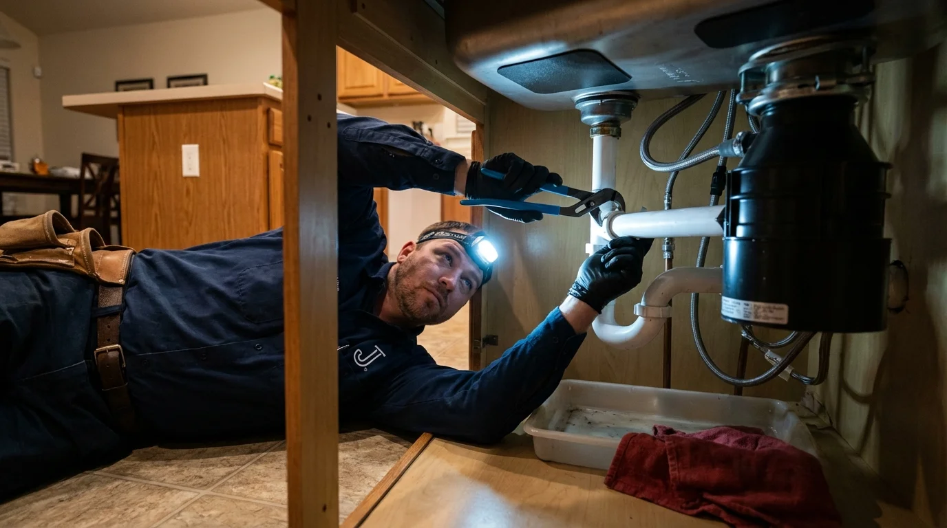 P-trap and supply line connections under a kitchen sink showing a common leak point in Fair Haven, NJ